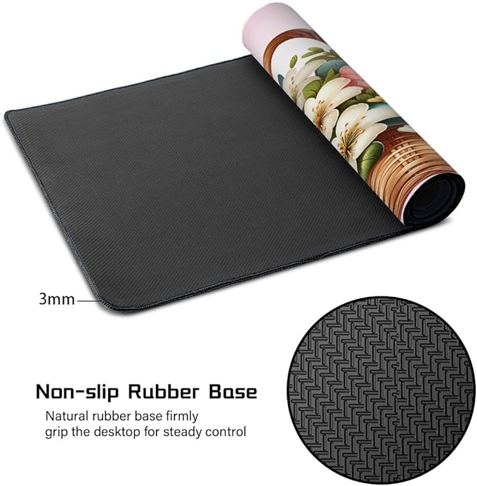 Pink White Flower Floral Large Mouse Pad Gaming Mousepad Desk Mat for Desktop Computer Keyboard Waterproof Mouse Mat Desk Pad with Non-Slip Base for Game School Office Home 35.4 x 15.7