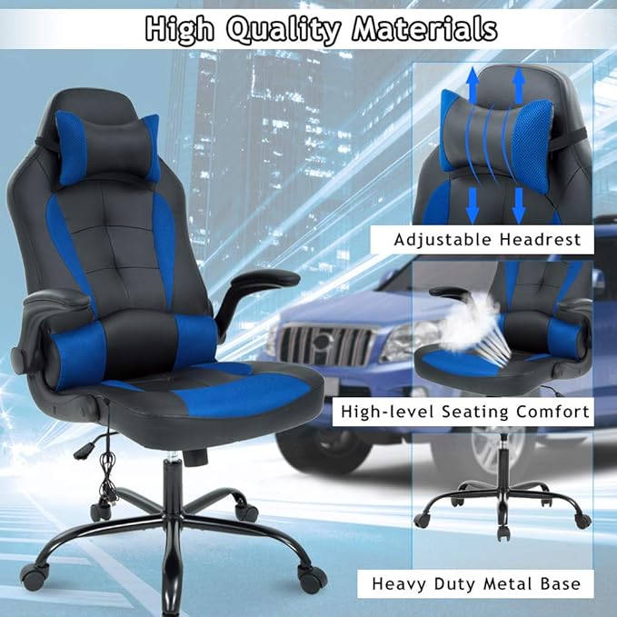 Massage Gaming Chair Ergonomic Office Chair High Back Desk Chair PU Leather Executive Chair with Lumbar Support Headrest Armrest PC Racing Computer Chair Task Rolling Swivel Chair Blue