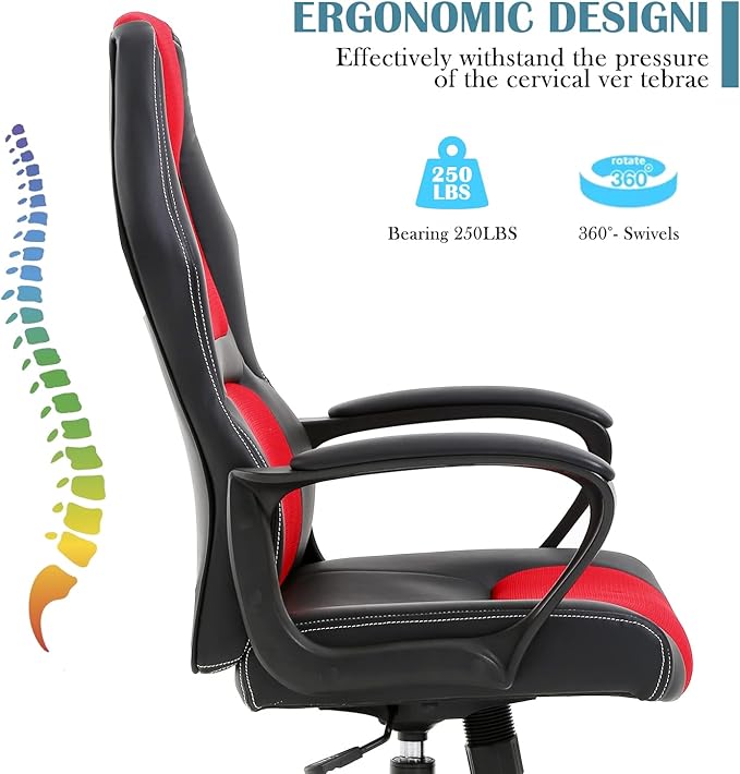 Computer Chair Ergonomic Desk Chair Racing Gaming Chair with Armrest &ampHeight Adjustable High Back Computer E-Sports Chair Task Swivel Executive Seat PU Leather Chair for Home Office (Red)