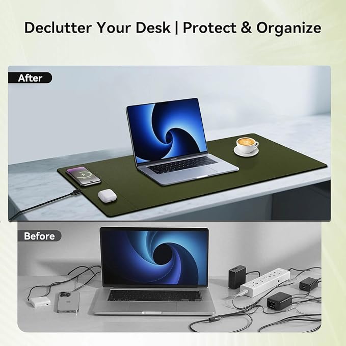 Wireless Charging Mouse Pad 15W Fast Charge Magnetic Charger Desk Pad Large Office Desk Mat (35.4x16.9) with Ultra-Smooth Surface Military Green Computer Mousepad for MacBook PC Laptop