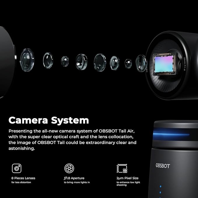 OBSBOT Tail AIRwith TripodNDI PTZ Camera 4K AI-Powered Webcam1.8 CMOSf/1.8 ApertureAI Auto TrackGesture &amp Remote ControlsTOF SensorWired&ampWireless ConnectionLiveStream for Church/Mus