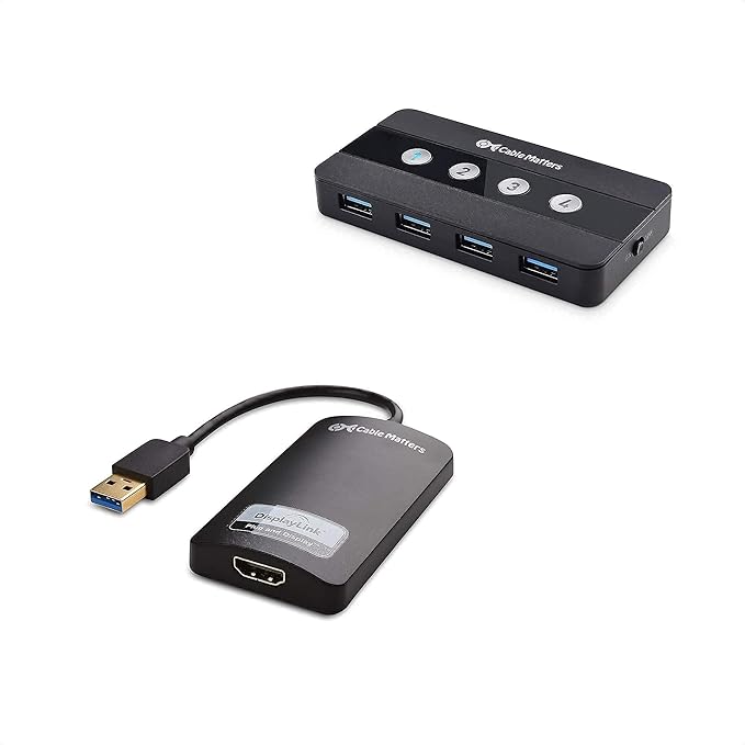 Cable Matters KVM Switch Kit with 4 Port USB 3.0 Switch Hub and USB to HDMI Adapter for Keyboeard Mouse and Monitor
