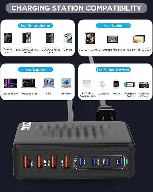 USB C Charger Block 200W 8 Port USB C Charging Station GaN Type C &amp A Charger Fast Charging Desktop Hub PD Block Laptop Adapter for Apple iPhone Air 17 16 15iPad Pro/Air/MiniMacBook Pro/AirGa
