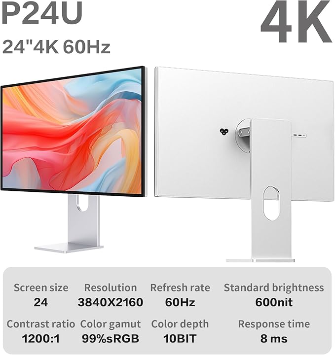 P24U 23.8 inch UHD (3840 x 2160) 4K 185 PPI Monitor IPS Black Panel 99% sRGB 98% DCI-P3 True 10-bit Color HDR10FreeSync1200:1HDMIDPVESA1 yr Warranty (Minimalist - with Stand)