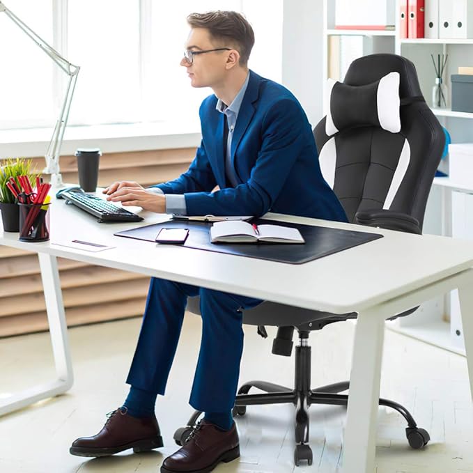 Gaming Chair Racing Ergonomic Racing Chair High Back PC Computer Gaming Chairs with Headrest Lumbar Support &amp Flip-up Arms PU Leather Adjustable Height Swivel White