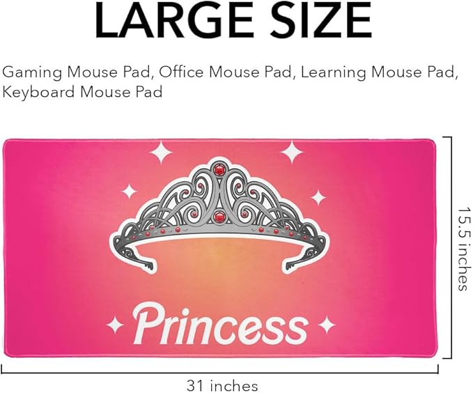 Princess Crown Tiara Pink Background Large Gaming Mouse Pad Desk Mat with Stitched Edges Non-Slip Base
