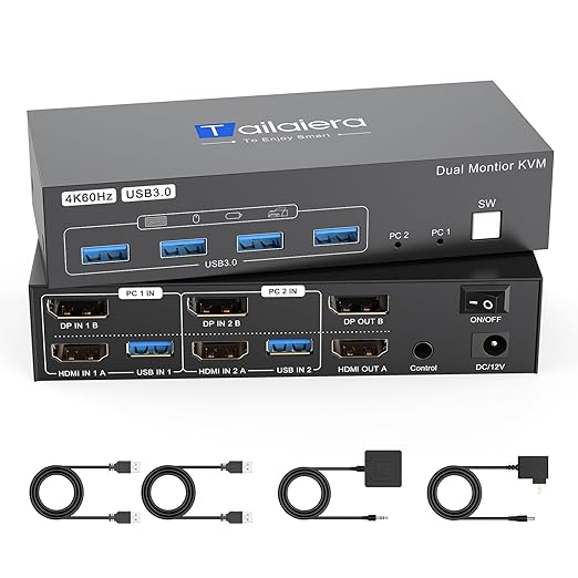Kvm Switch 2 Monitors 2 Computers 4K@60Hz HDMI Displayport Dual Monitor KVM Switches 2 Ports for 2 PC Share Mouse Keyboard and 2 Screens with 4 USB 3.0 Cables and Extended Controller