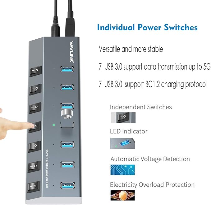 USB Hub 3.0 WAVLINK 7 Port Powered USB 3.0 hub 48W Charging 5V/2.4A Each Ports with Individual Switches LED Indicator USB Extension for Laptop MacBook iMac PC USB Flash Drives