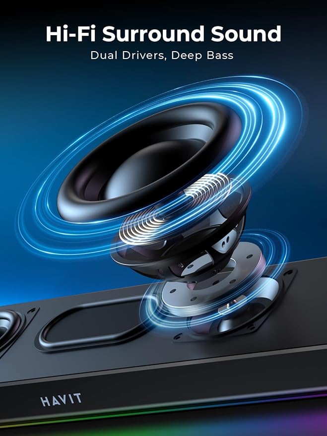 havit Computer Speakers for Desktop PC Bluetooth 5.3 Pc Soundbar with Dynamic LED Light HiFi Stereo Poratble Bluetooth Speaker Gaming Speakers for PC LaptopTablet