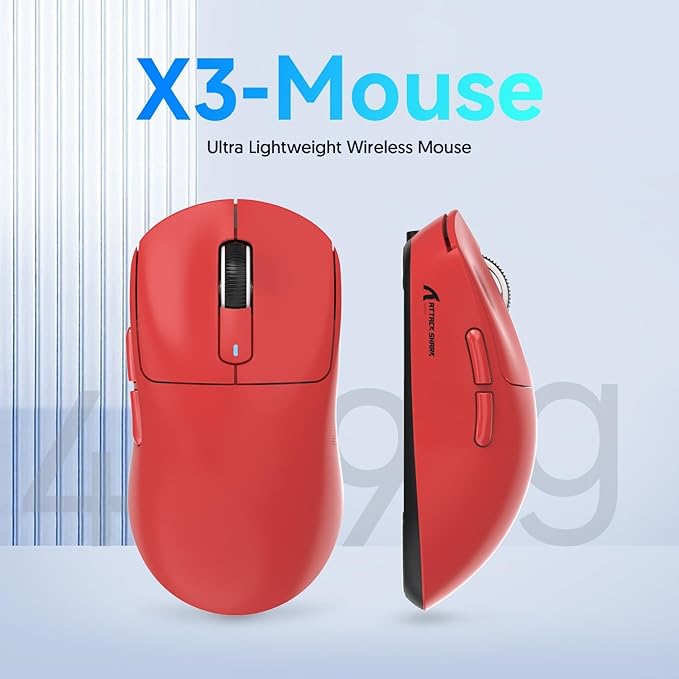 MAMBASNAKE Attack Shark X3 Wireless Gaming Mouse 49g Ultralight PixArt PAW3395 26000 DPI Bluetooth/2.4Ghz /Wired Tri-Mode 200Hrs Rechargeable Battery Kailh GM8.0 Switch for PC/MAC/Win - Red