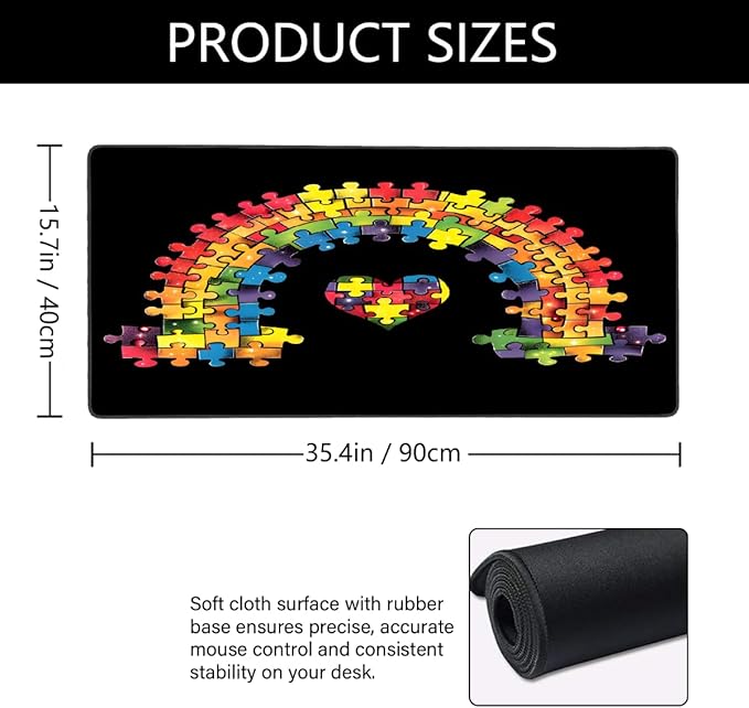 Large Mouse Mat Autism Rainbow Color Computer Mousepad with Non-Slip Rubber Base Waterproof Mouse Pad Desktop Keyboard Pad for GamerHome School Laptop Office Accessories35.4x15.7 in