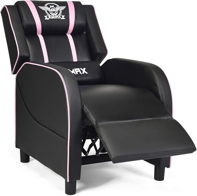 GYMAX Gaming Recliner Massage Gaming Chair w/Adjustable Footrest Remote Control &amp Side Pocket Ergonomic Game Lounge Chair Racing Style Single Theater Seat Game Sofa for Adults (Pink)