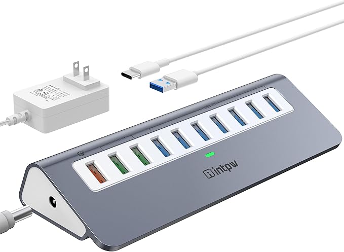 Powered USB Hub 10Gbps 10 Port USB 3.2 Gen 2 Hub with 7 USB 3.2 Data Ports 3 Fast Charging Ports 36W Power Adapter Type A and Type C Cable Aluminum USB Data Hub for Mac PC Laptop