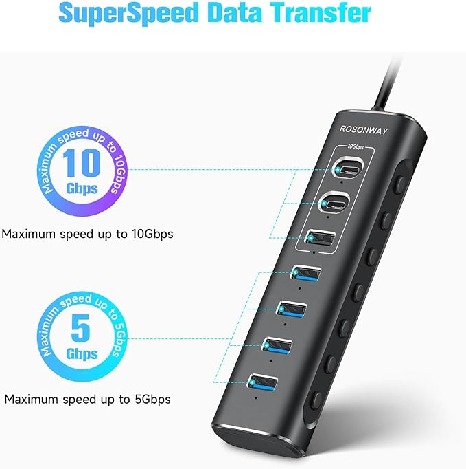 Powered USB Hub Rosonway 7-Port USB 3.2/USB C Hub with 10Gbps USB-A 3.2 2 USB-C 3.2 4 USB 3.0 Ports Individual Switches and 12V Power Adapter Aluminum USB Port Expander for Laptop/PC RSH-A107C