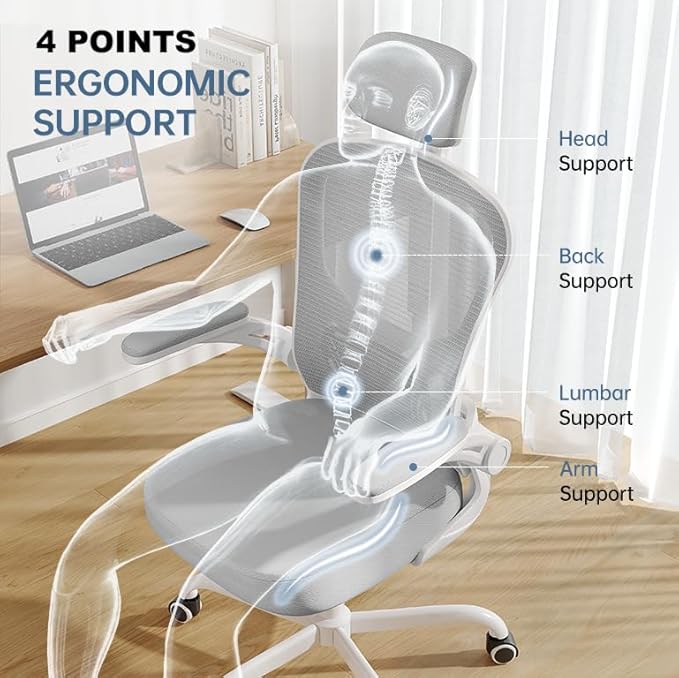 Synorla Office Chair Ergonomic Desk Chair 330LBS Capacity High Back Computer Design for Long Hours Comfort Rolling Swivel for Home Office Flip-up Armrests White+Grey