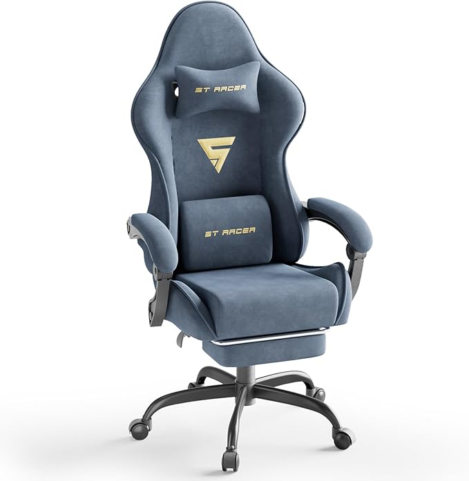 Huracan Velvet Fabric Gaming Chair with Footrest for Adults Ergonomic Gaming Chairs with Massage Lumbar Reclining Racing Computer Chair with Spring Cushion for Home Office Video Game Grey