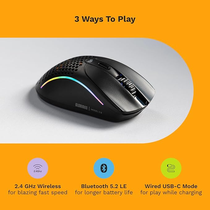 Glorious Gaming - Model D 2 Wireless Ergonomic Mouse Superlight 66g up to 210 hr Battery Life 26K Optical Sensor 6 Programmable Buttons 80 Million Clicks FPS MMO MOBA Battle Royale (Black)