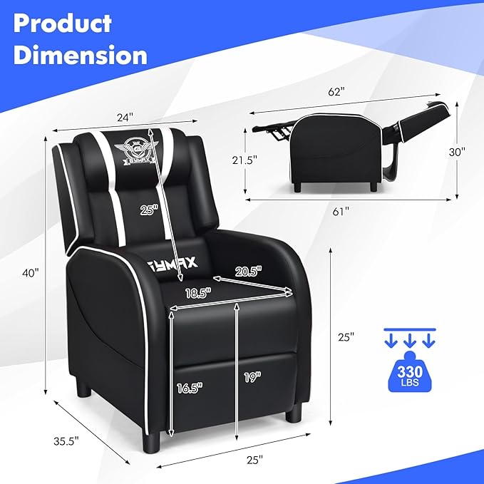GYMAX Gaming Recliner Massage Gaming Chair with Adjustable Backrest Footrest Remote Control &amp Side Pocket Ergonomic Game Lounge Chair Racing Style Single Theater Seat Game Sofa for Adults (Whi