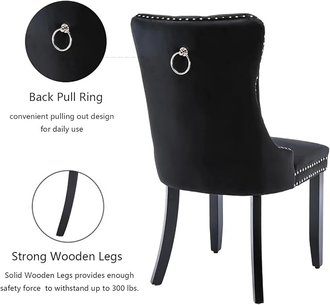 Adjustable Office Computer Chair with Armrest 1pcs Black Velvet Upholstered Dining Chairs with Ring Pull Trim and Solid Wood Legs