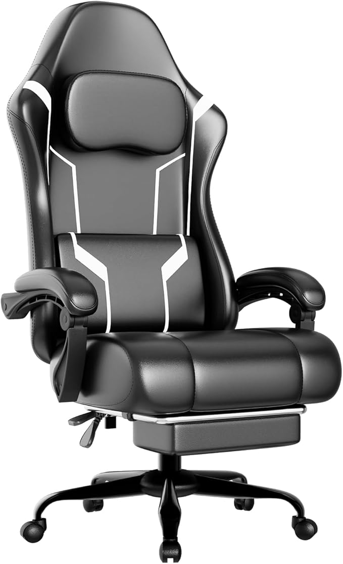 Ergonomic Gaming Chair Video Game Chair with Pocket Spring Cushion and Footrest Height Adjustable Computer Chair with Swivel Seat and Headrest (White)