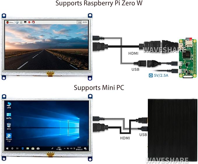 waveshare 5inch HDMI LCD (B) 5 800×480 Resistive Touch Screen LCD TFT Monitor for Raspberry Pi 4B/3B+/3B/2B/A+/Zero/Zero W/WH PC Windows 10/8.1/8/7 Driver Free