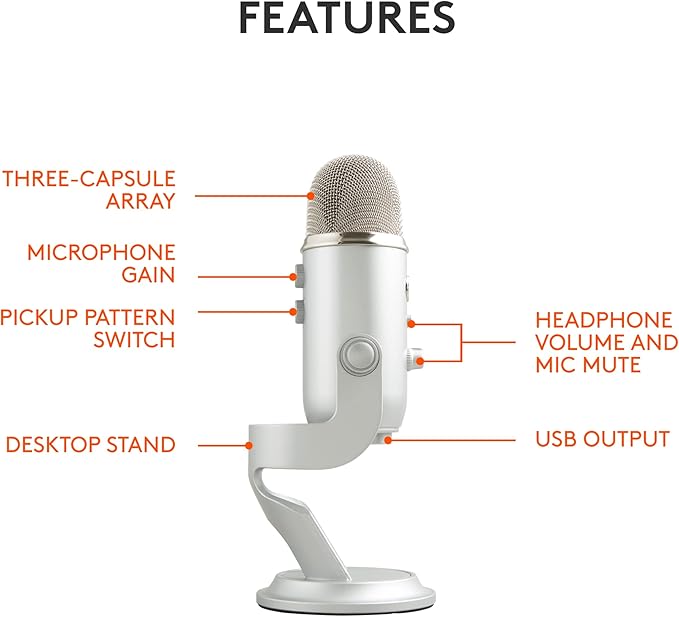 Logitech Creators Blue Yeti USB Microphone for PC Mac Gaming Recording Streaming Podcasting Studio and Computer Condenser Mic with Blue VO!CE Effects 4 Pickup Patterns Plug and Play - Silver