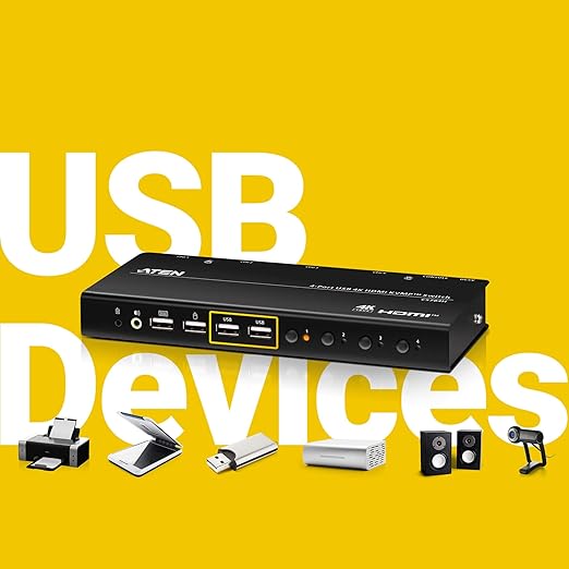 ATEN CS784H 4-Port USB HDMI KVM Switch - 4K UHD 60Hz Audio Support Peripheral Sharing USB 2.0 Hub Remote Port Selector – Control 4 HDMI Computers with One Keyboard Mouse Monitor