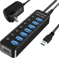 Powered USB Hub 3.0 Extender Multiple Port Hub Splitter for Laptop PC with Power Adapter and Charging Port USB Expander with On/Off Switches for MacBook iMac Surface Pro