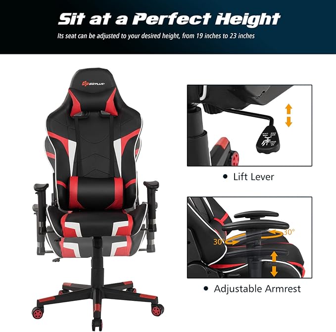 Goplus Gaming Massage Office Chair High Back PU Leather Adjustable Arms Headrest Ergonomic Reclining Racing Chair Rolling Swivel Executive Computer Chair