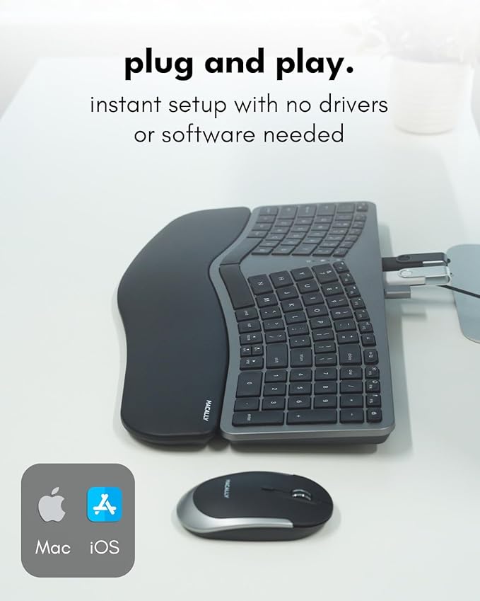 Macally Wired Ergonomic Keyboard for Mac - USB Hub Backlit Keys Dual USB C + A Plug Split Design Padded Wrist Cushion - Compatible Apple Keyboard for MacBook Pro/Air iMac iPad - Space Gray