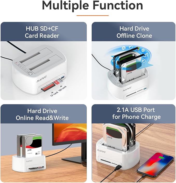 MAIWO SATA to USB 3.0 Dual-Bay Hard Drive Docking Station with Offline Clone for 2.5 &amp 3.5-inch HDD/SSD Hard Drive Dock with CF/SD Card Reader Support 2*24TB White