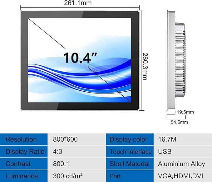 GreenTouch 10.4 Inch Industrial Embedded Touchscreen Monitor PCAP Multi-Touch Screen Industrial Front IP65 Monitor - HDMI+VGA+DVI - 800 x 600 Resolution