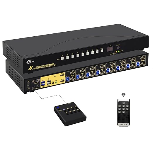 CKLau 8 Port USB 3.0 Rack Mount HDMI KVM Switch Dual Monitor 4K60Hz with Audio 2 pcs USB 3.0 Hub and Cables Keyboard Mouse Hotkey Switcher Box Supports IR Wireless Switching