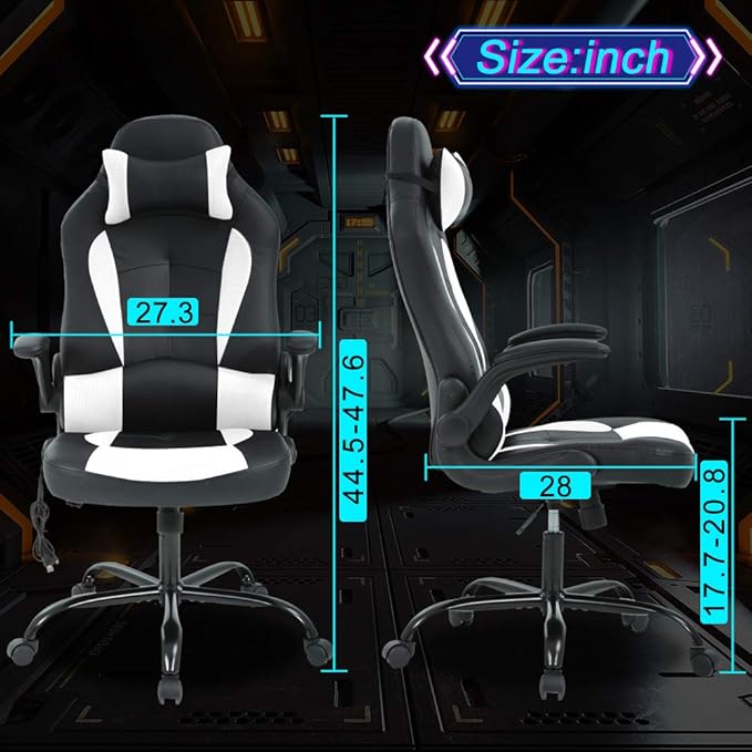 Gaming Chair Ergonomic Home Office Video Game Chairs Massage PU Leather Computer Chair Adjustable Swivel Chairs with Lumbar Support Headrest White