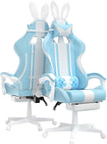 Ferghana Blue Gaming Chair with Bunny Ear Cute Massage Gaming Chairs for Adults &amp Teens Office PC Gamer Chair with Footrest Kawaii Computer Game Chair for Girls Racing Reclining Silla Gamer