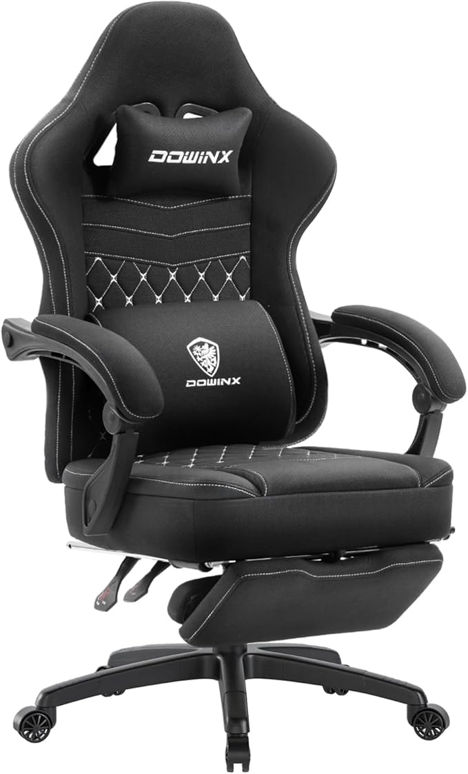 Dowinx Gaming Chair Breathable Fabric Game Chair with Gel Pad and Storage Bag Comfortable Gamer Chair with Pocket Spring CushionErgonomic Computer Chair with FootrestBlack and White
