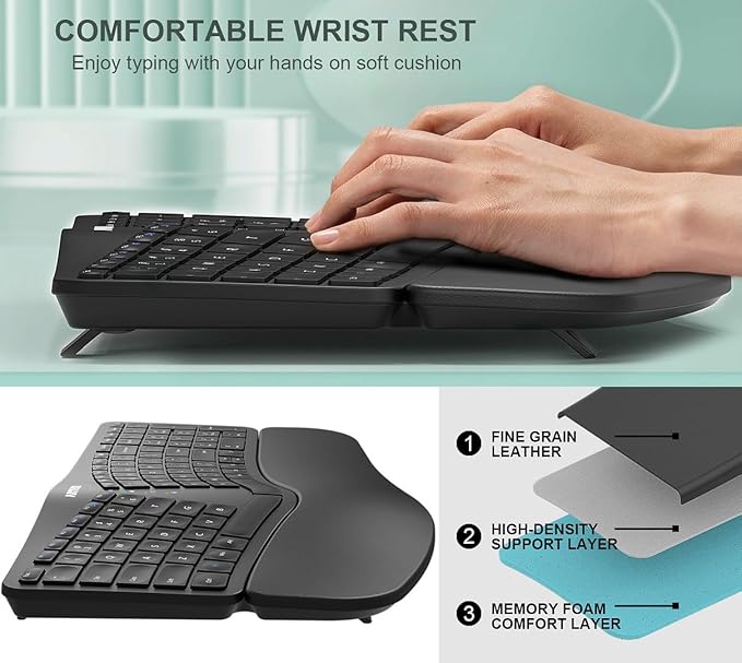 Arteck Split Ergonomic Keyboard with Cushioned Wrist and Palm Rest 2.4G USB Wireless Comfortable Natural Ergonomic Split Keyboard for Windows Computer Desktop Laptop