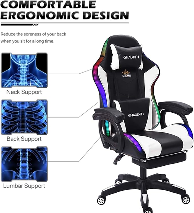 TBQATNTS Ergonomic Video Game Chair With MassageComputer Chair With Footrest And Lumbar SupportGaming Chair With SpeakersLed LightsSeven Point MassageAdjustable ArmrestFor Office Or GamingBlack