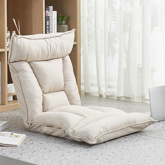 Floor Folding Chairs with Back Support and Headrest 5 Position Adjustable Backrest Comfy Armless Lounge Chair Gaming Chair Great for Reading Meditating Playing Game Adults(/Beige)