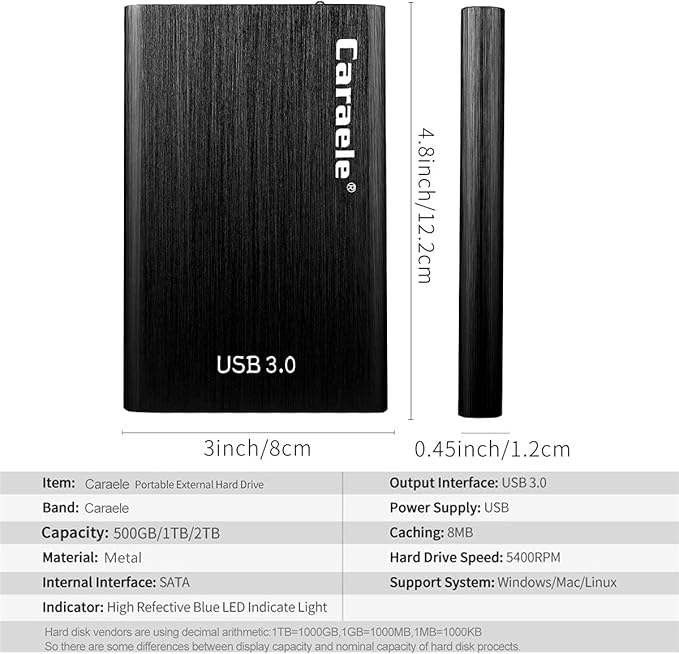 Portable SATA External Hard Drive HDD 2TB 1TB 500GB USB3.0 Ulra-Fast File Transfers (1TB Black)
