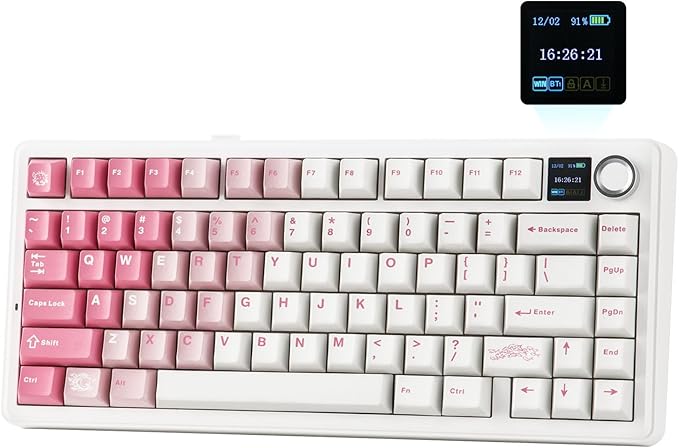 EPOMAKER X Aula F75 MAX Wireless Mechanical Keyboard with TFT Screen and Knob Gasket Keyboard in 75% Layout Hot Swappable Gaming Keyboard for PC/Mac/Linux (White Pink)