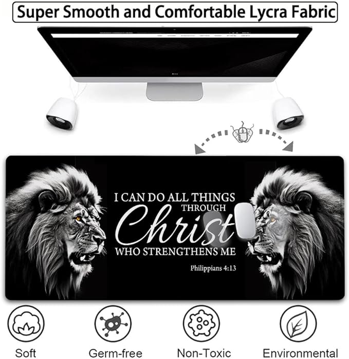 Large Gaming Mouse Pad31.5x11.8in Extended Computer Mouse Mat with Non-Slip PU Base Ergonomic Memory Foam Keyboard Wrist Rest for Work Gaming Fierce Lion Philippians 4:13 Black Office Desk Pad