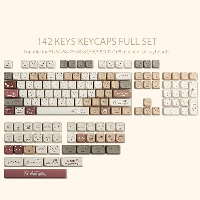 PBT Keycaps 142 Keys Cute Keycaps Dye-Sublimation Coffee Cat Keycap Mao Profile Custom Keycap for Cherry Gateron MX Swithes Mechanical Gaming Keyboards
