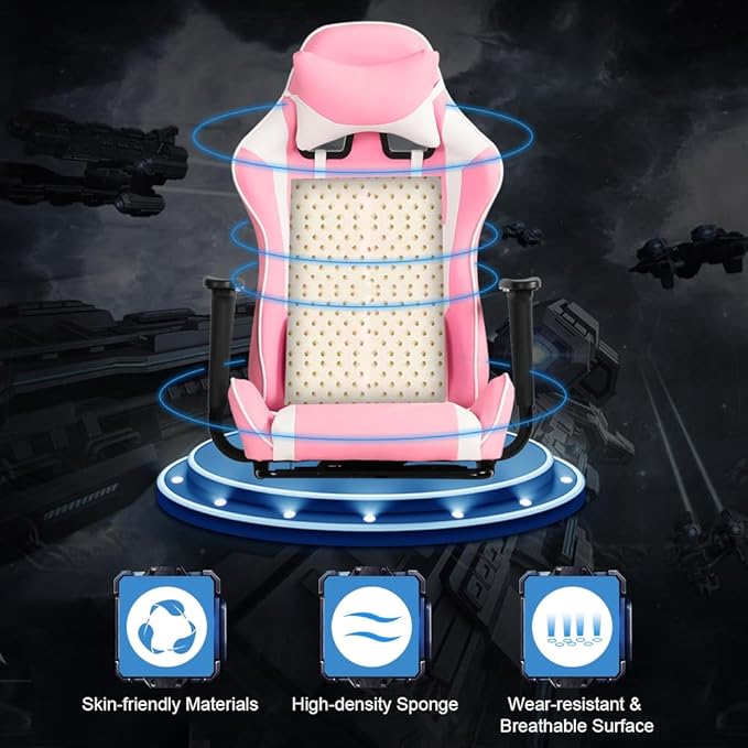 Gaming Chair with Massage &amp Footrest - Ergonomic Racing Office Chair for Adults Women Gamers - Adjustable Reclining PC Gaming and Home Office Desk Chair with Lumbar Support Pink