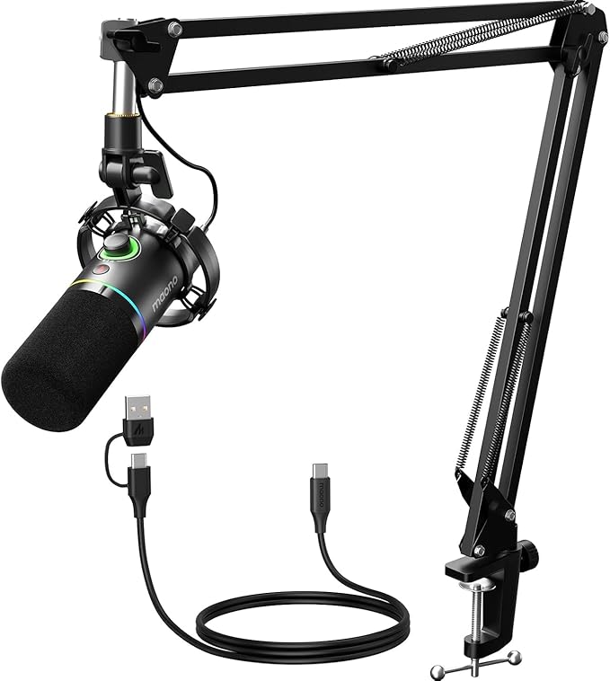 MAONO XLR/USB Dynamic Microphone Kit RGB Podcast Mic with Software Mute Gain Knob Volume Control Boom Arm for Streaming Gaming Voice-Over Recording-PD200XS Black