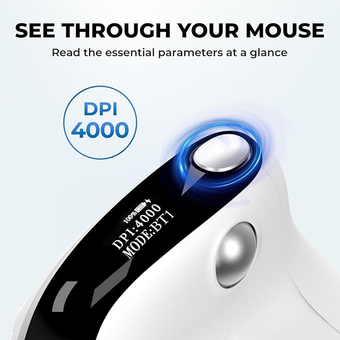 DELUX Seeker Ergonomic Mouse Wireless Vertical Mouse with OLED Screen 6 Buttons&ampThumb Wheel Function Silent Click Up to 7200DPI Programmable Rechargeable BT/2.4G/Wired RGB Light(M618XSD-Wh