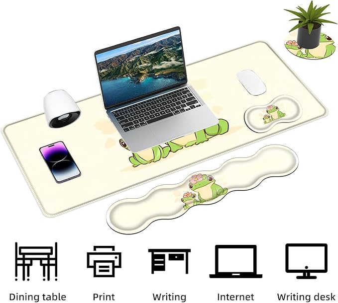 Keyboard Mouse Pad Set Extended Gaming Mouse Pad+Ergonomics Keyboard Wrist Rest Support Memory Foam Easy Typing Pain Relief 4Pcs XL Ultra Thick Desk MatMother Baby Frog with Flower