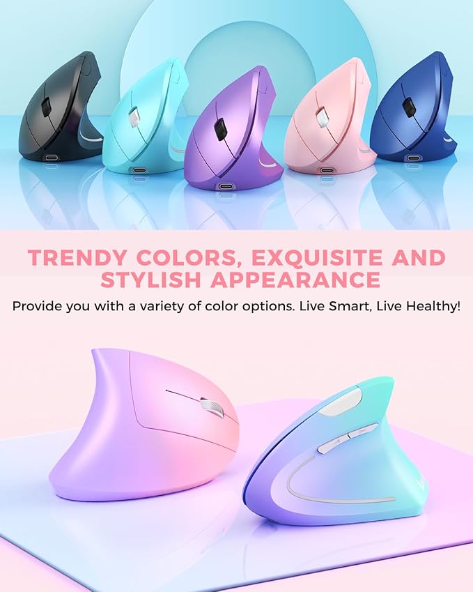 Lekvey Ergonomic Mouse Vertical Wireless Mouse Rechargeable 2.4 GHz USB Optical Carpal Tunnel Mice : 800/1200 / 1600 DPI 6 Buttons for Laptop PC Mac Computer Desktop Notebook etc Pink