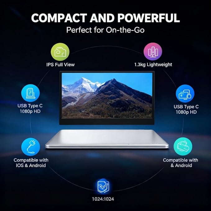 13 Inch Portable Monitor 1920x1080P IPS Full View Ultra Thin with Protective Case - HDR Technology Split Screen Support for Work and Entertainment