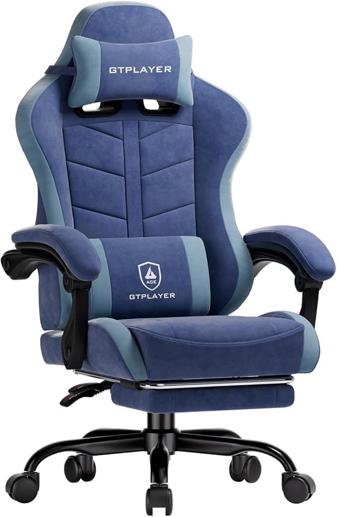 GTPLAYER Gaming Chair for Adults Ergonomic Computer Gaming Chair with Footrest Height Adjustable 90-155° Recline &amp Removable Headrest Lumbar Support Blue